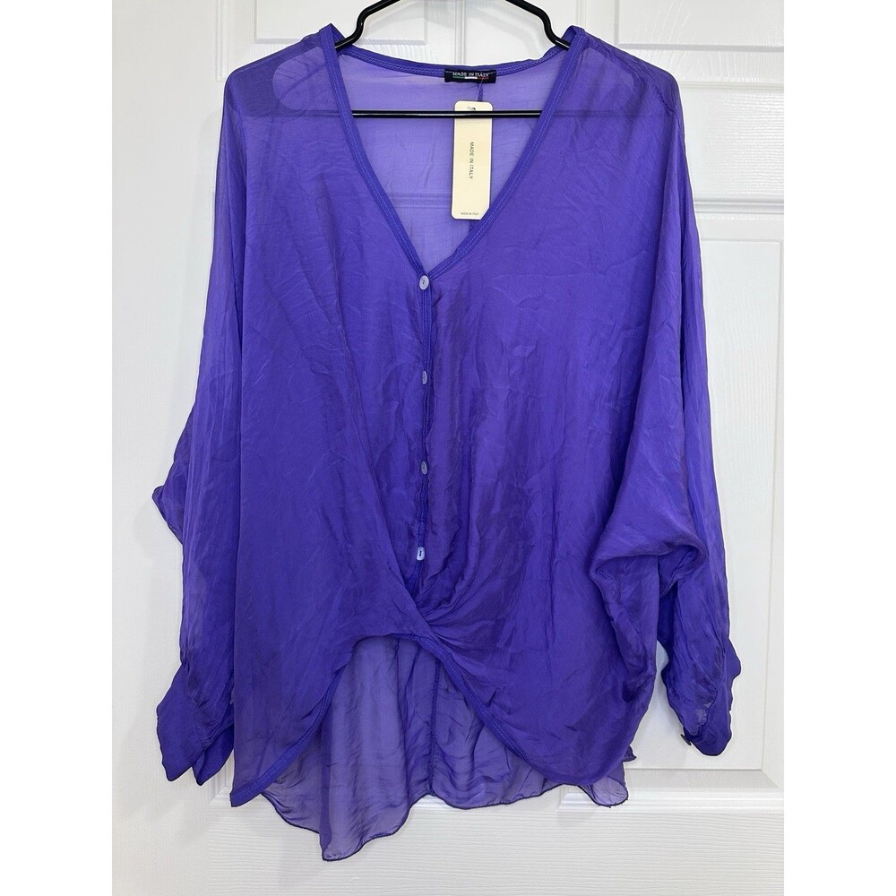 Made in Italy Sheer Solid Purple V-Neck Button Blouse Womens Regular M